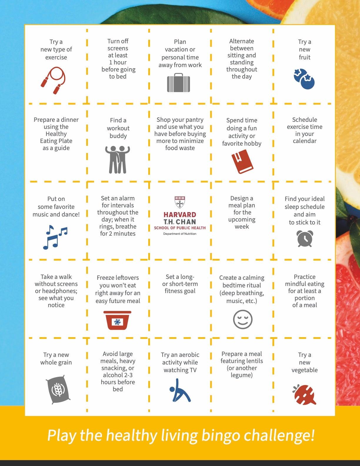 Printable bingo card for the Healthy Living Bingo Challenge