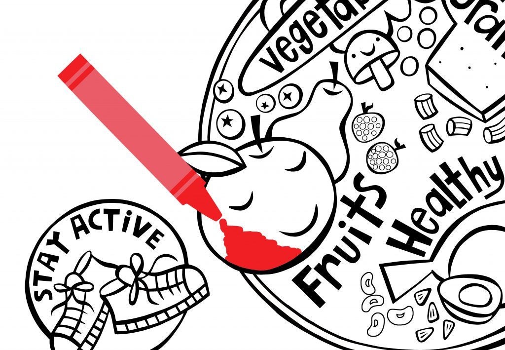crayon drawing in black and white kids healthy eating plate