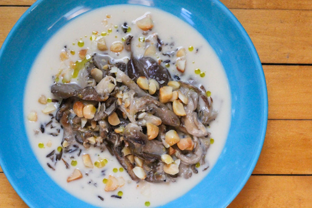 Braised Oyster Mushrooms, Coconut, and Macadamia nuts in a blue bowl